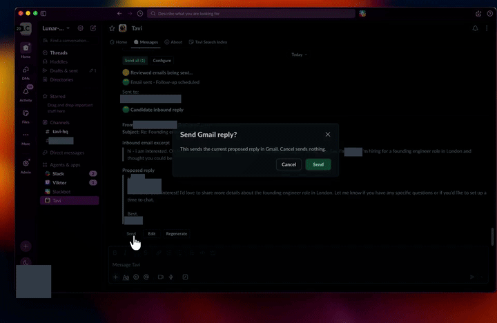 Confirming a candidate email reply in Slack