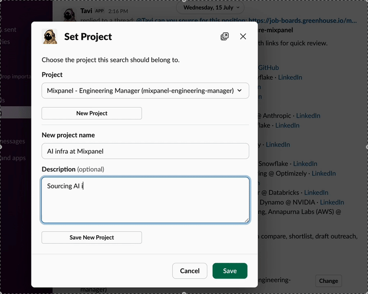 Project picker for assigning a Tavi search